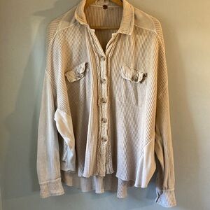 Free People Button-Front Waffle Knit Shirt Jacket in Cream